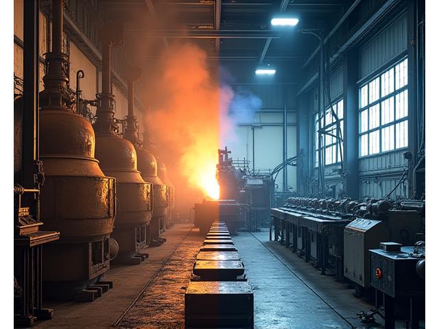 Historical photo of a robust industrial foundry with intricate machinery and a modern facility showing precision casting