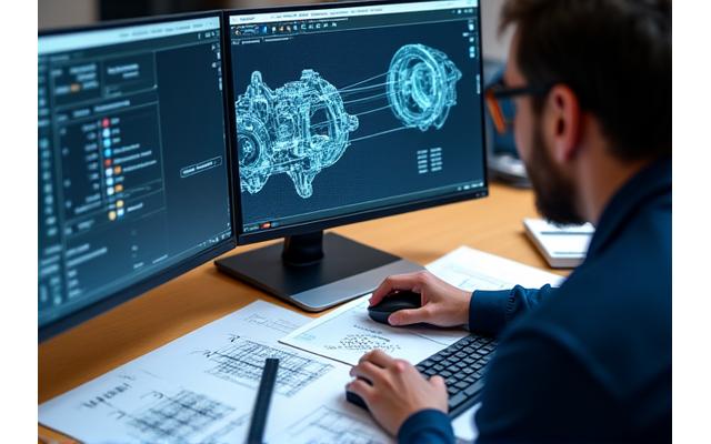Engineer working on a CAD design on a computer screen, showing a complex mechanical component, with blueprints in the background.