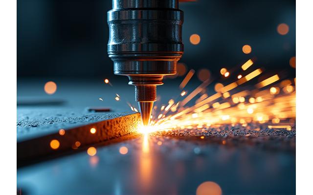 Close-up of a CNC machine working on a metal component, sparks flying, highlighting precision and automation.