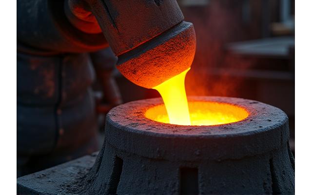 Molten metal being poured into a casting mold in a professional foundry setting, intricate details visible.