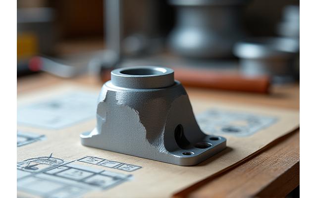 3D printed metal prototype of an industrial part on a workbench, with tools and design schematics in the background.