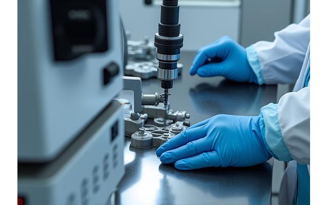 Laboratory setting with hands performing non-destructive testing on a metal component using specialized equipment, highlighting precision and quality control.